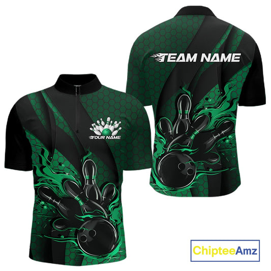 Front and back display of a black and green men’s bowling quarter-zip shirt featuring a flaming bowling ball striking pins, hexagon graphics, and diagonal stripes.