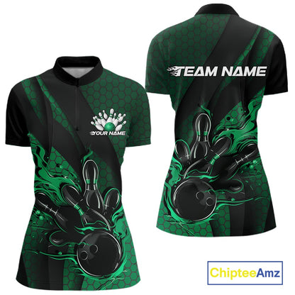 Women’s quarter zip bowling shirt mockup displaying black and green shirt with flames around bowling ball striking pins, hexagon and diagonal stripe patterns