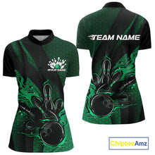 Load image into Gallery viewer, Custom Black And Green Flame Bowling Quarter-Zip Shirt For Women, Bowling Team Jersey IPHW11184