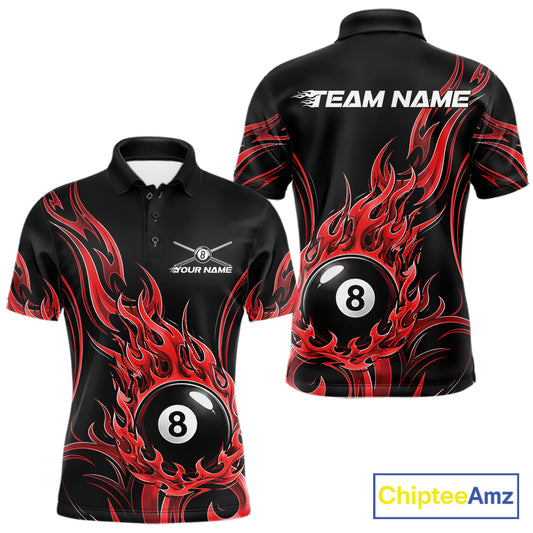 Black short-sleeve polo shirt with red flame graphics and an 8-ball illustration, shown from front and back. 