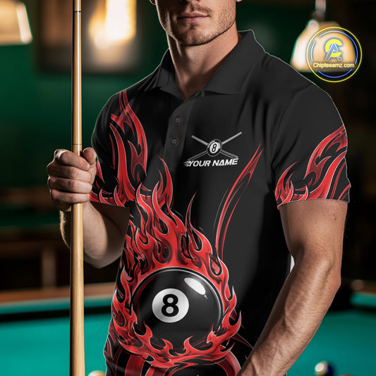 A man wearing a black polo shirt with a red and black flame graphic and a 8-ball design