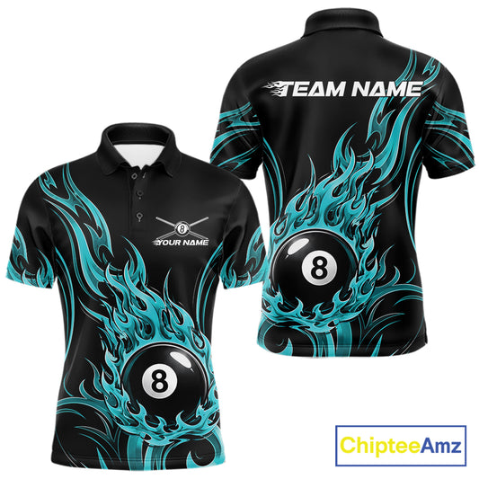 Black short-sleeve polo shirt with a black and teal flame graphic and an 8-ball motif, shown in front and back views on a white background.