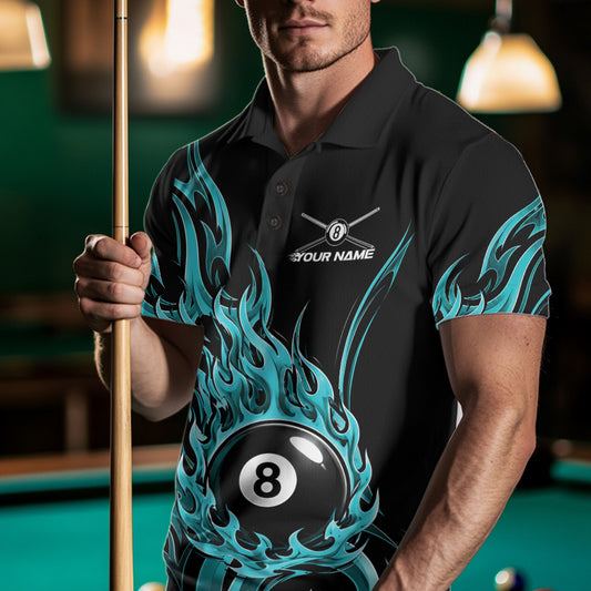 A man wearing a black polo shirt with a bright turquoise flame graphic and a billiard 8-ball