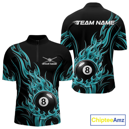 Custom Turquoise Blue Tribal Flame 8 Ball Billiards Men Quarter Zip Shirt, Pool League Shirt IPHW11753
