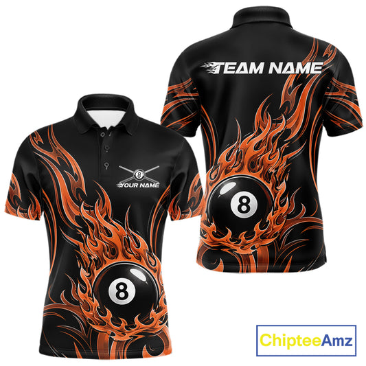 Black short-sleeve polo shirt with orange flame graphics and an 8-ball pool design, shown from the front and back. 