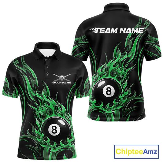 Black short-sleeve polo shirt shown from front and back with bright green flame graphics, a large black 8-ball 