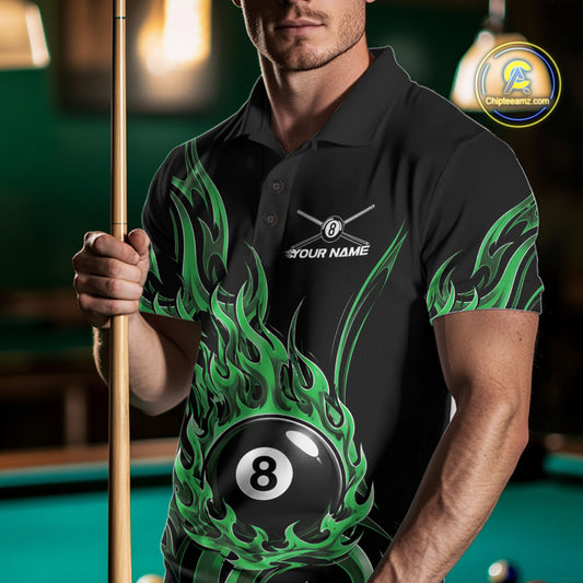 A man wearing a black short-sleeve polo shirt with a green flame graphic and a 8-ball design on the front