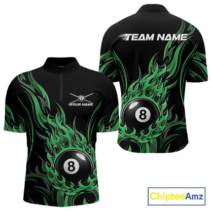 Custom Green Tribal Flame 8 Ball Billiards Men Quarter Zip Shirt, Pool League Shirt IPHW11755