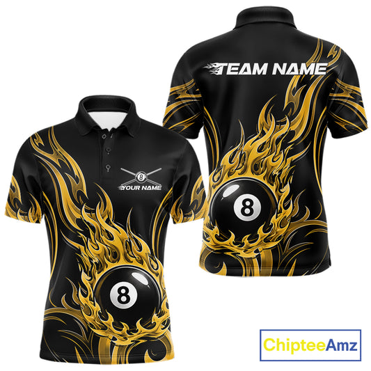 Black short-sleeve polo shirt with gold flame graphics and an 8-ball design, shown from the front and back. The front has a small chest logo with crossed bats and customizable text, while the back has a large 8-ball graphic and 'TEAM NAME' 