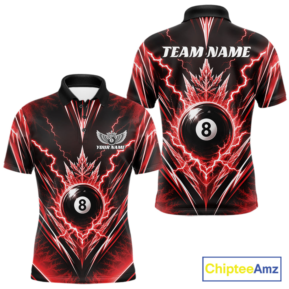 Custom Red Icy Thunder Lightning 8 Ball Billiards Men Polo Shirt, Pool League Shirt IPHW11765