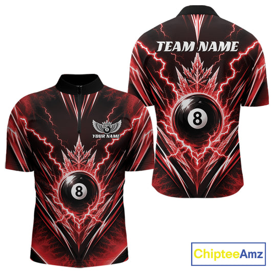 Custom short-sleeve billiards quarter zip shirt with a black and red lightning-bolt and billiard 8-ball graphic, shown in front and back views on a white background 