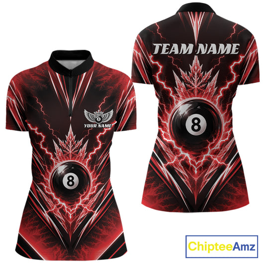 Custom short-sleeve billiards quarter zip shirt shown from the front and back, featuring a black and red lightning-bolt design with an 8-ball graphic and customizable text areas.