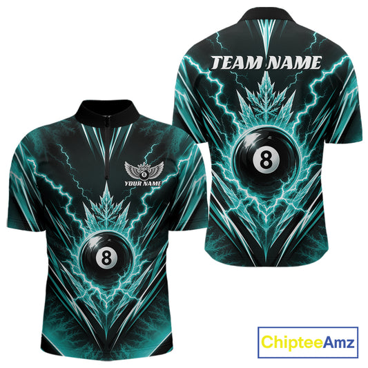 Custom short-sleeve billiards quarter zip shirt shown from the front and back, featuring a black and teal 3D lightning effect with a billiards 8-ball design, customizable text