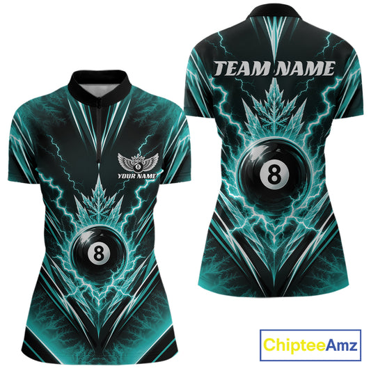 Front and back views of a short-sleeve custom billiards quarter zip shirt with a black and teal lightning-bolt design, featuring an 8-ball graphic and customizable text placeholders.