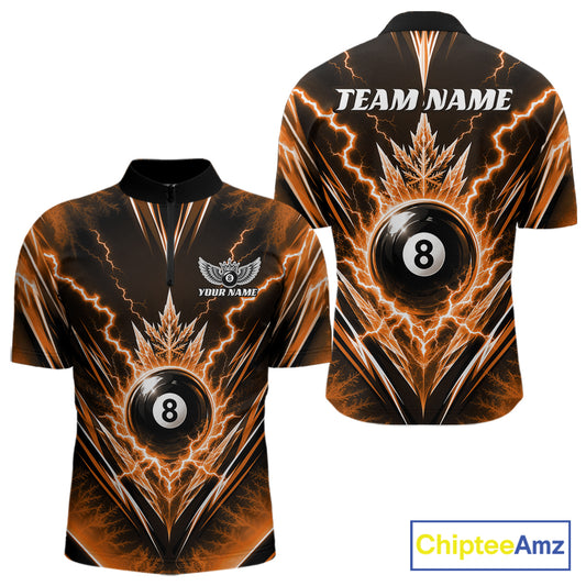 Front and back views of a short-sleeve billiards quarter zip shirt with a black and orange lightning and icy 8-ball design, featuring customizable text areas on the chest and back