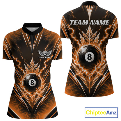 Custom Orange Icy Lightning 8 Ball Billiards Women Quarter-Zip Shirt, Pool League Shirt IPHW11767
