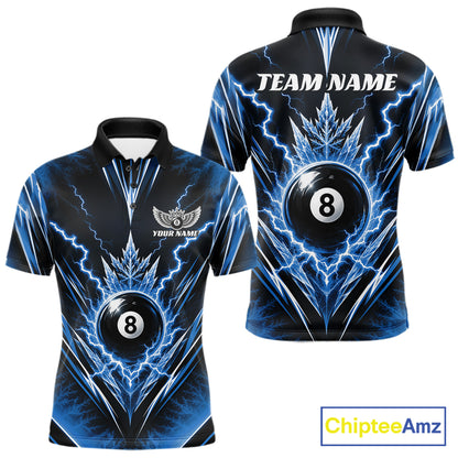 Custom Blue Icy Thunder Lightning 8 Ball Billiards Men Polo Shirt, Pool League Shirt IPHW11768