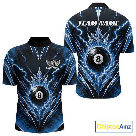 Custom short-sleeve billiards quarter zip shirt shown from the front and back, featuring a black and blue lightning-bolt  icy design with a large 8-ball graphic and customizable text areas.