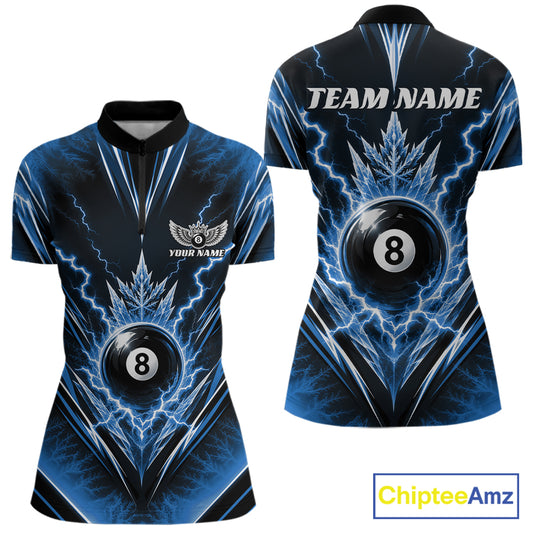Custom short-sleeve billiards quarter zip shirt shown from the front and back, featuring a blue and black lightning-bolt design with an 8-ball graphic, customizable text areas