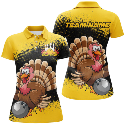 Black And Yellow Custom Funny Turkey Bowling Shirts For Women, Thanksgiving Bowling Uniform IPHW7870