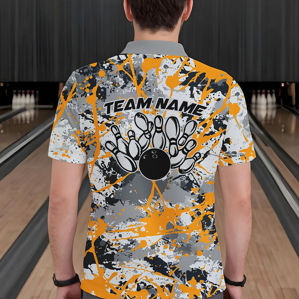 Custom Yellow Splatter Bowling Team Polo Shirts For Men, Bowling Tournament Shirts IPHW8308
