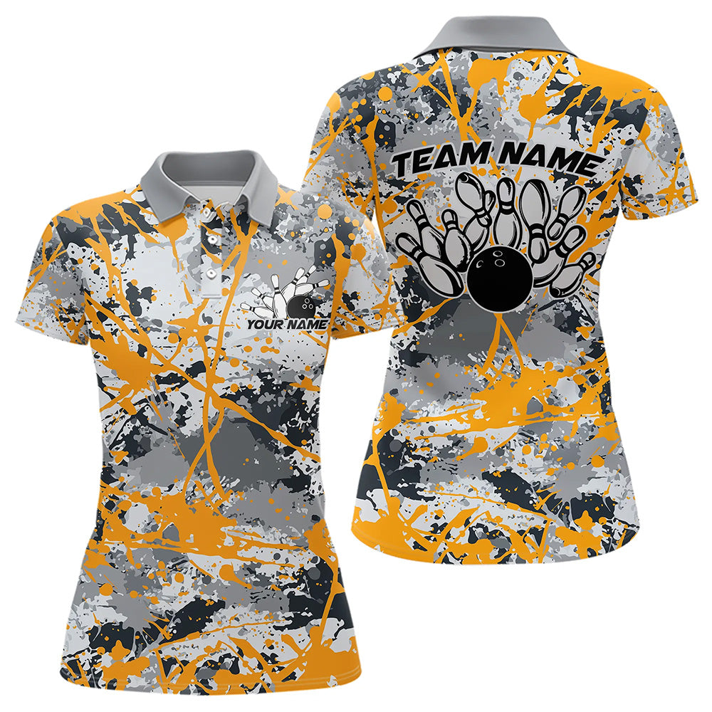 Custom Yellow Splatter Bowling Team Polo Shirts For Women, Bowling Tournament Shirts IPHW8308