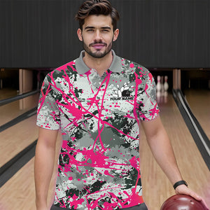 Custom Pink Splatter Bowling Team Polo Shirts For Men, Bowling Tournament Shirts IPHW8309