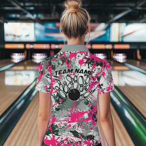 Custom Pink Splatter Bowling Team Polo Shirts For Women, Bowling Tournament Shirts IPHW8309