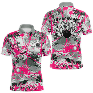 Custom Pink Splatter Bowling Team Polo Shirts For Men, Bowling Tournament Shirts IPHW8309