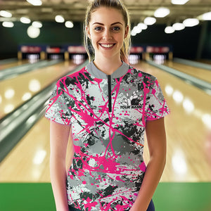 Custom Pink Splatter Bowling Team Quarter-Zip Shirts For Women, Bowling Tournament Shirts IPHW8309