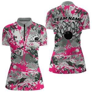 Custom Pink Splatter Bowling Team Quarter-Zip Shirts For Women, Bowling Tournament Shirts IPHW8309