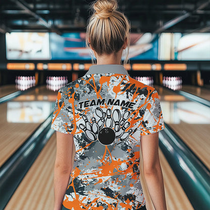 Custom Orange Splatter Bowling Team Polo Shirts For Women, Bowling Tournament Shirts IPHW8310