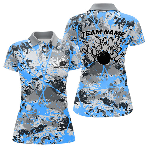 Custom Blue Splatter Bowling Team Polo Shirts For Women, Bowling Tournament Shirts IPHW8311
