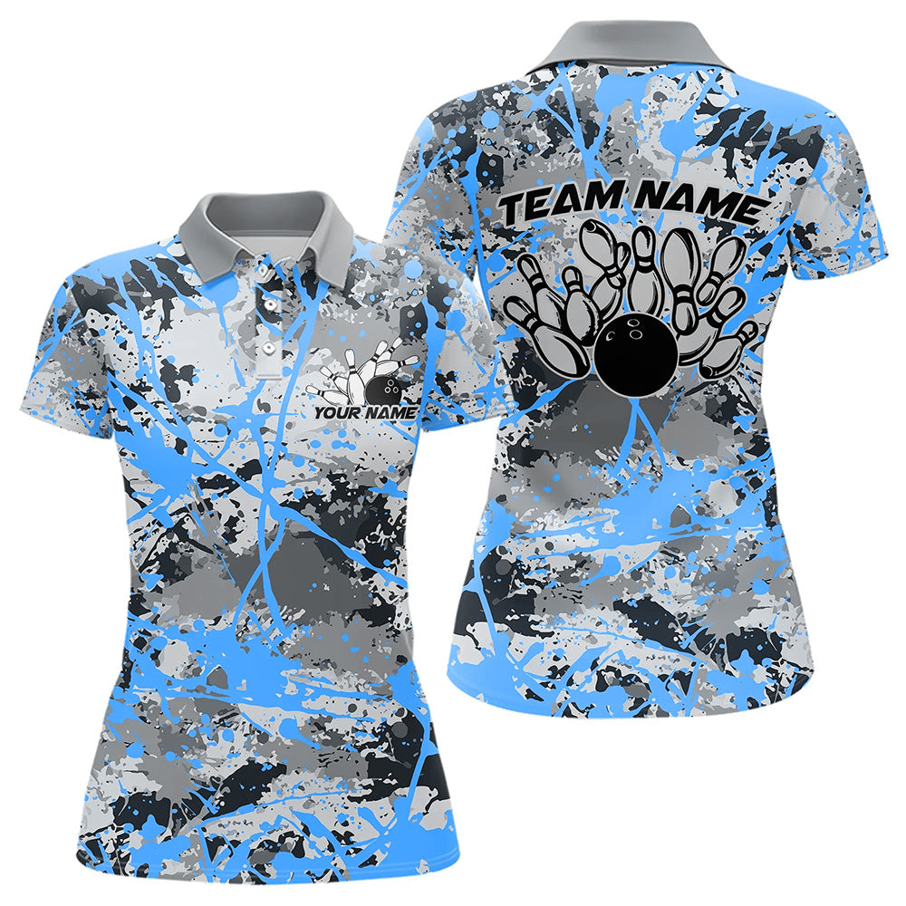 Custom Blue Splatter Bowling Team Polo Shirts For Women, Bowling Tournament Shirts IPHW8311