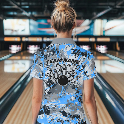Custom Blue Splatter Bowling Team Quarter-Zip Shirts For Women, Bowling Tournament Shirts IPHW8311
