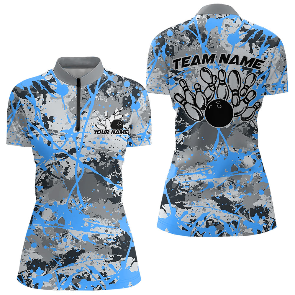 Custom Blue Splatter Bowling Team Quarter-Zip Shirts For Women, Bowling Tournament Shirts IPHW8311