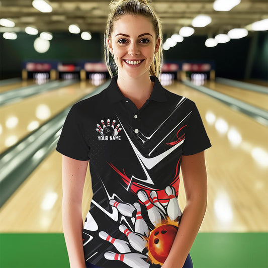Custom Black And Red Flame Bowling Polo Shirts For Women, Fire Bowling Team Uniform IPHW8316