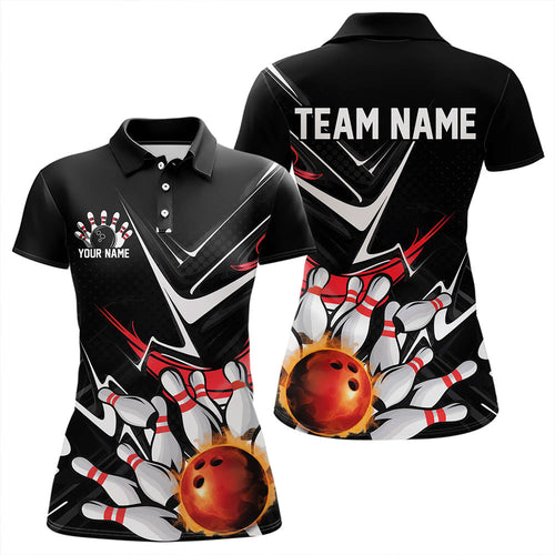 Custom Black And Red Flame Bowling Polo Shirts For Women, Fire Bowling Team Uniform IPHW8316