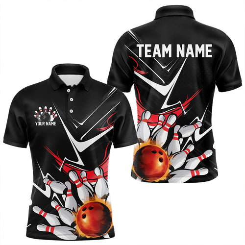 Custom Black And Red Flame Bowling Polo Shirts For Men, Fire Bowling Team Uniform IPHW8316