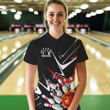 Load image into Gallery viewer, Custom Black And Red Flame Bowling Quarter-Zip Shirts For Women, Fire Bowling Team Uniform IPHW8316