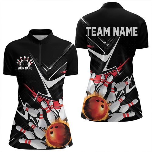 Custom Black And Red Flame Bowling Quarter-Zip Shirts For Women, Fire Bowling Team Uniform IPHW8316