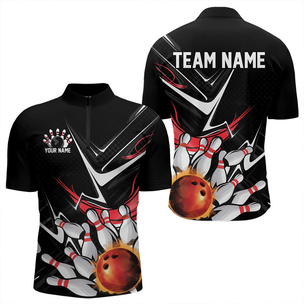 Custom Black And Red Flame Bowling Quarter-Zip Shirts For Men, Fire Bowling Team Uniform IPHW8316