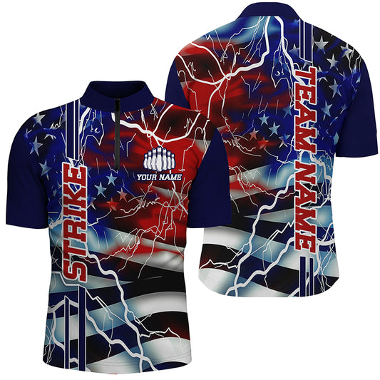 Custom American Flag Lightning Strike Kid Quarter-Zip Shirt, Patriotic Bowling Jerseys IPHW6020