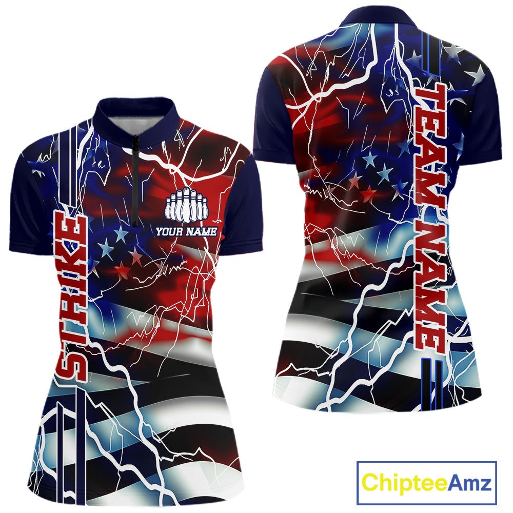 Custom American Flag Lightning Strike Women Quarter-Zip Shirt, Patriotic Bowling Jerseys IPHW6020