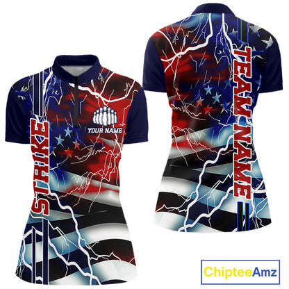 Custom American Flag Lightning Strike Women Quarter-Zip Shirt, Patriotic Bowling Jerseys IPHW6020