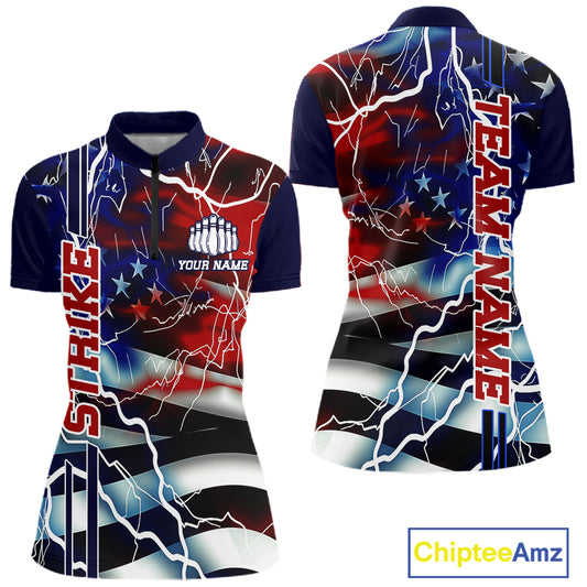 Custom American Flag Lightning Strike Women Quarter-Zip Shirt, Patriotic Bowling Jerseys IPHW6020
