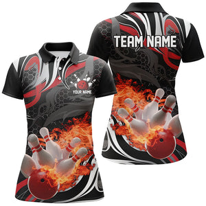Red And Black Custom Flame Bowling Shirts For Women, Ladies Bowling Team Polo Shirts IPHW6769