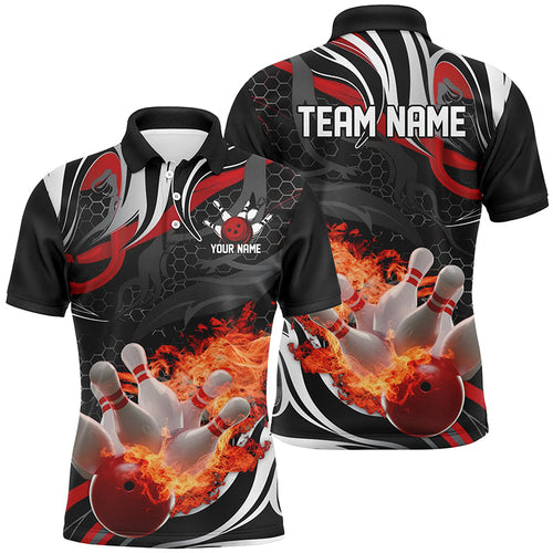 Red And Black Custom Flame Bowling Shirts For Men, Personalized Bowling Team Polo Shirts IPHW6769