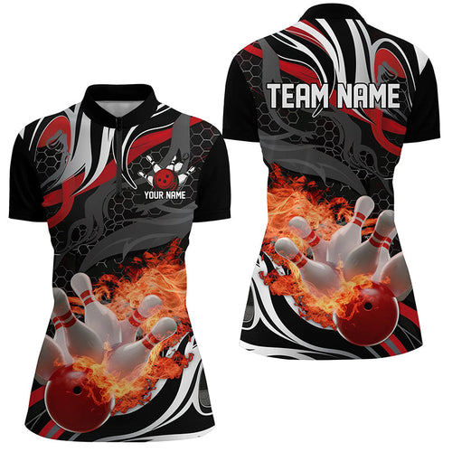 Red And Black Custom Flame Bowling Shirts For Women, Ladies Bowling Team Quarter Zip Shirts IPHW6769