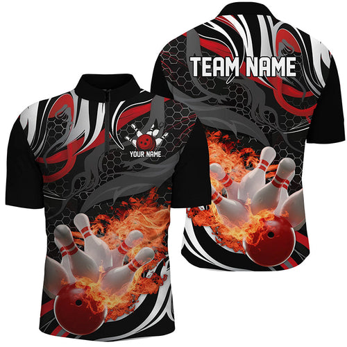 Red And Black Custom Flame Bowling Shirts For Men, Personalized Bowling Team Quarter Zip Shirts IPHW6769